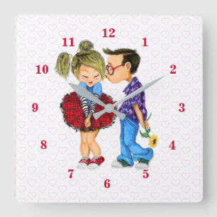 Cute Romantic Couple - Love Hearts - Kiss Square Wall Clock