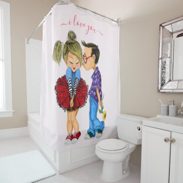 Cute Romantic Couple - Love - I Love You - Kiss Shower Curtain (In Situ)
