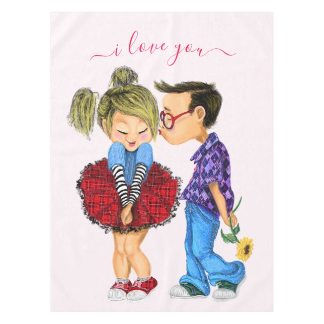 Cute Romantic Couple - Love - I Love You - Kiss Tablecloth (Front)