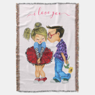 Cute Romantic Couple - Love - I Love You - Kiss Throw Blanket