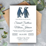Cute Romantic Couple Penguin Wedding Invitation<br><div class="desc">Amaze your guests with this elegant wedding invitation featuring two cute penguins holding hands and standing beside each other. Simply add your event details on this easy-to-use template to make it a one-of-a-kind invitation. Flip the card over to reveal a beautiful blue grey watercolor texture on the back of the...</div>
