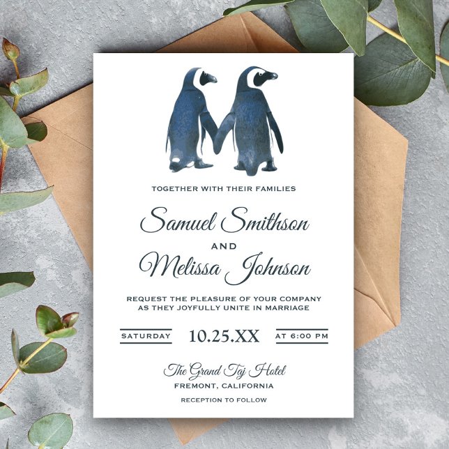 Cute Romantic Couple Penguin Wedding Invitation (Creator Uploaded)