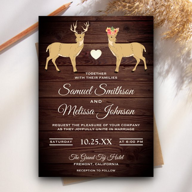 Cute Romantic Deers Rustic Wood Wedding Invitation (Creator Uploaded)