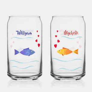 Cute Romantic Fish Custom Names and Date Can Glass