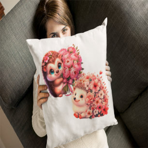  Cute Romantic Floral Hedgehog Duo Illustration Cushion