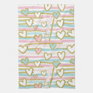 Cute Romantic Hearts and Pastel Stripes Gold Tea Towel