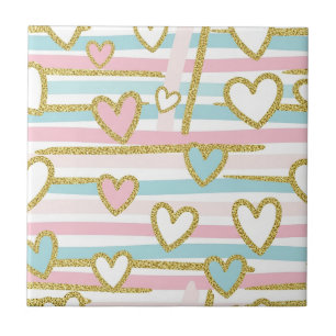 Cute Romantic Hearts and Pastel Stripes Gold Tile