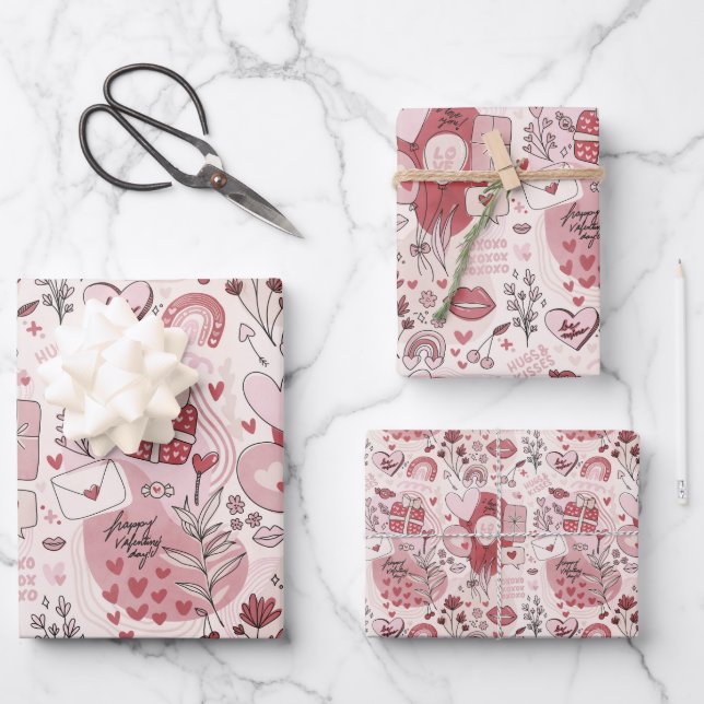 Cute Romantic Hugs Kisses Valentine's Day Girly Wrapping Paper Sheet (Front)