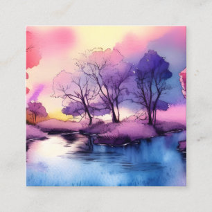Cute Romantic Lake Landscape Watercolor Square Business Card