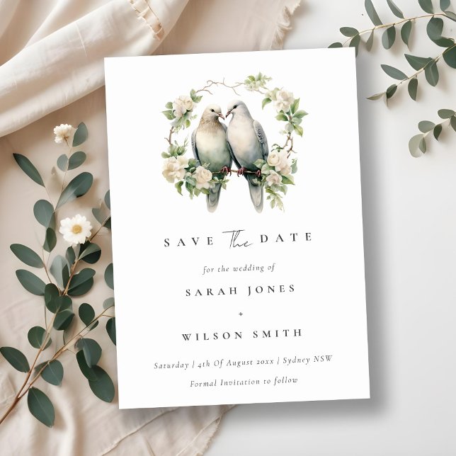 Cute Romantic Love Birds Botanical Wreath Wedding Save The Date (Creator Uploaded)