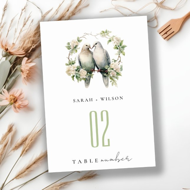 Cute Romantic Love Birds Botanical Wreath Wedding Table Number (Creator Uploaded)