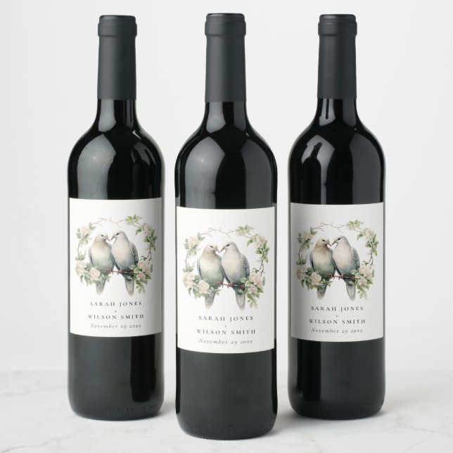 Cute Romantic Love Birds Botanical Wreath Wedding Wine Label (Bottles)