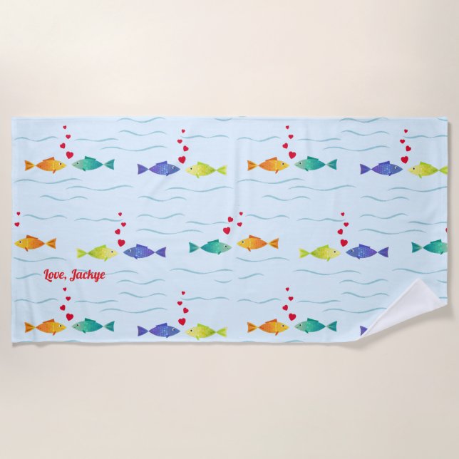 Cute Romantic Ocean Fish in Love Beach Towel (Front)