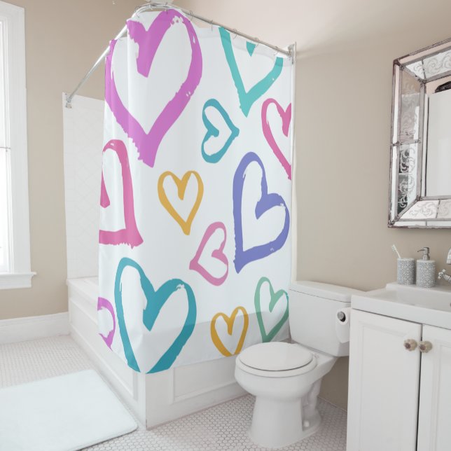 Cute Romantic Pastel Hearts Shower Curtain (In Situ)