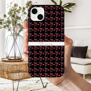 Cute Romantic Pink Bows & Red Hearts, Personalized Case-Mate iPhone 14 Plus Case