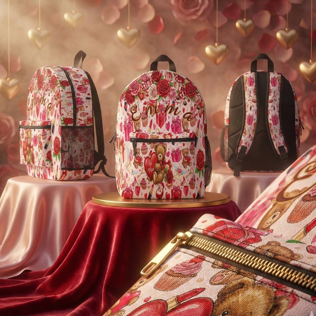Cute Romantic Red & Pink Watercolor Love Pattern Printed Backpack (Creator Uploaded)