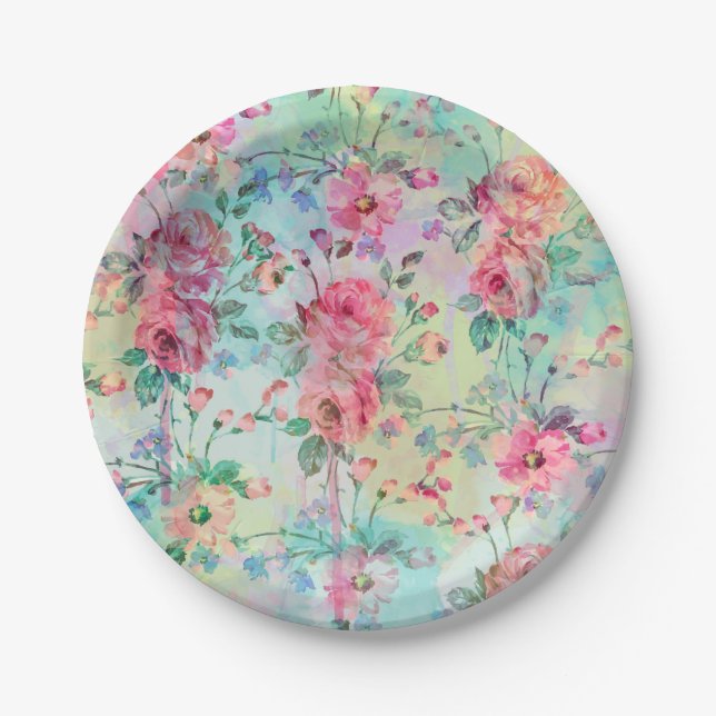 Cute romantic roses floral paint watercolors paper plate (Front)