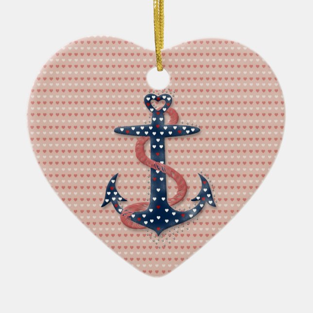 Cute romantic valentines hearts anchor ceramic tree decoration (Front)