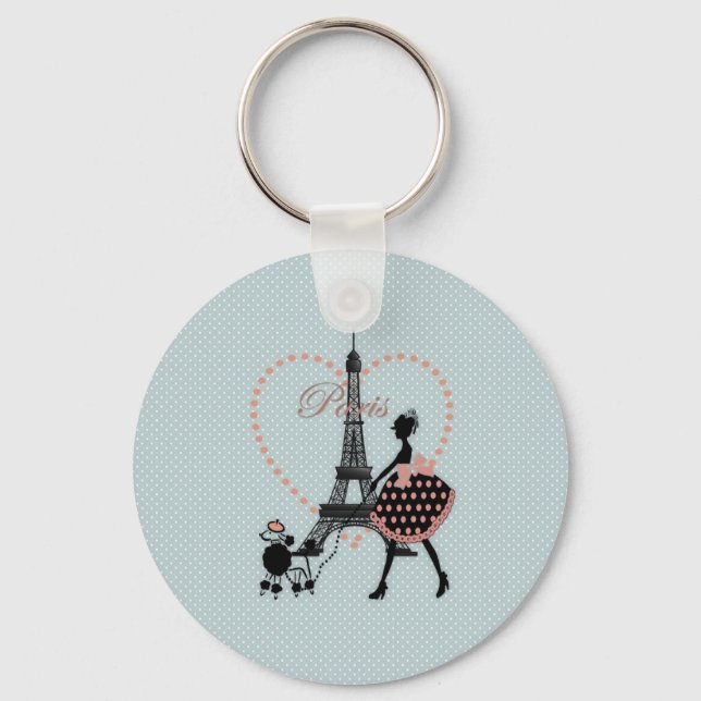 Cute romantic vintage girl silhouette walking key ring (Front)