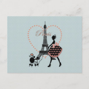 Cute romantic vintage girl silhouette walking postcard