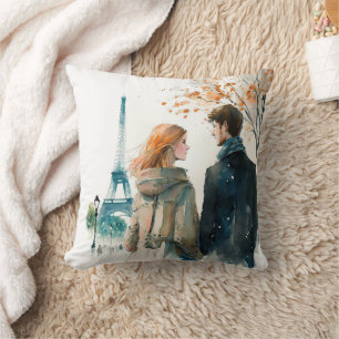 Cute Romantic Watercolor Couples in Paris Cushion