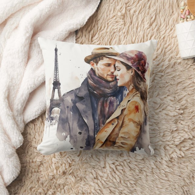 Cute Romantic Watercolor Couples in Paris Throw Pi Cushion (Blanket)