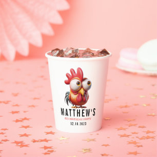 Cute Rooster Caricatures 3rd Birthday Party Paper Cups