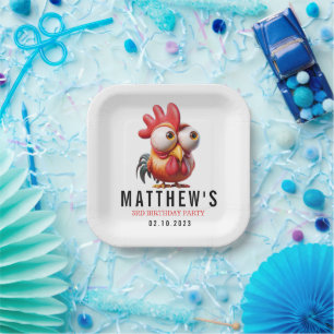 Cute Rooster Caricatures 3rd Birthday Party Paper Plate