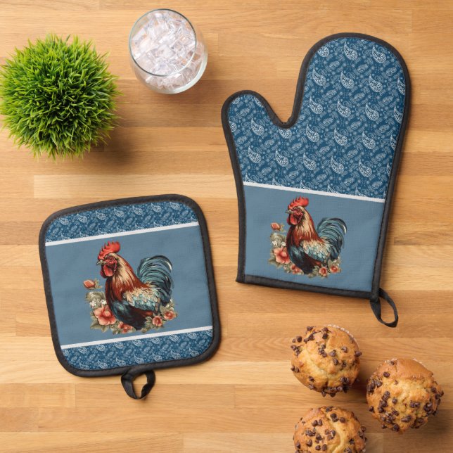 Cute rooster lovers Country kitchen Oven Mitt & Pot Holder Set (Top Down)
