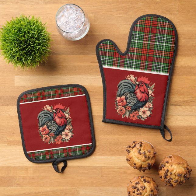 Cute rooster lovers kitchen Oven  Mitt & Pot Holder Set (Top Down)