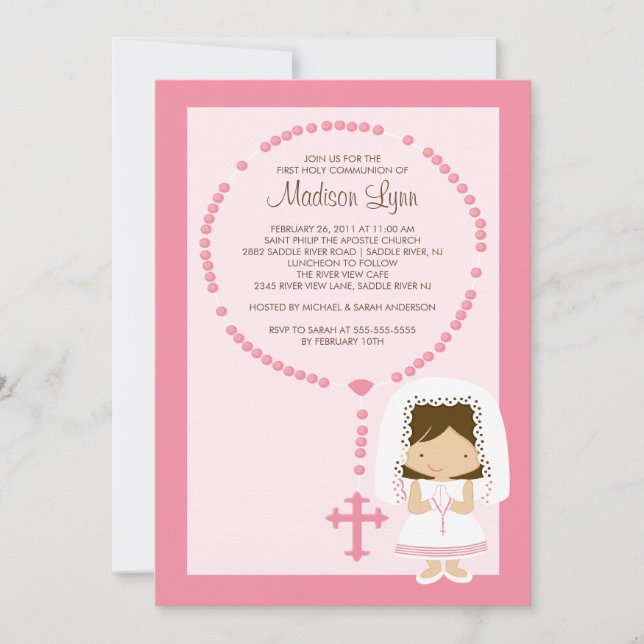 Cute Rosary First Communion Invitation Girl Pink (Front)
