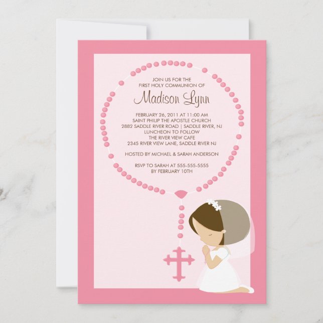 Cute Rosary First Communion Invitation Girl Pink (Front)