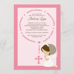 Cute Rosary First Communion Invitation Girl Pink