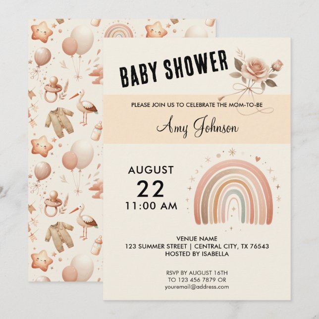 Cute Rose Baby Shower - Rainbow Invitation (Front/Back)