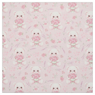 Cute Rose Bear and Floral Bouquet Seamless Pattern Fabric