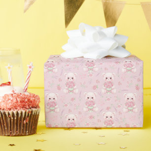 Cute Rose Bear and Floral Bouquet Seamless Pattern Wrapping Paper