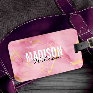 Cute rose blush pink faux glitter marble monogram  luggage tag