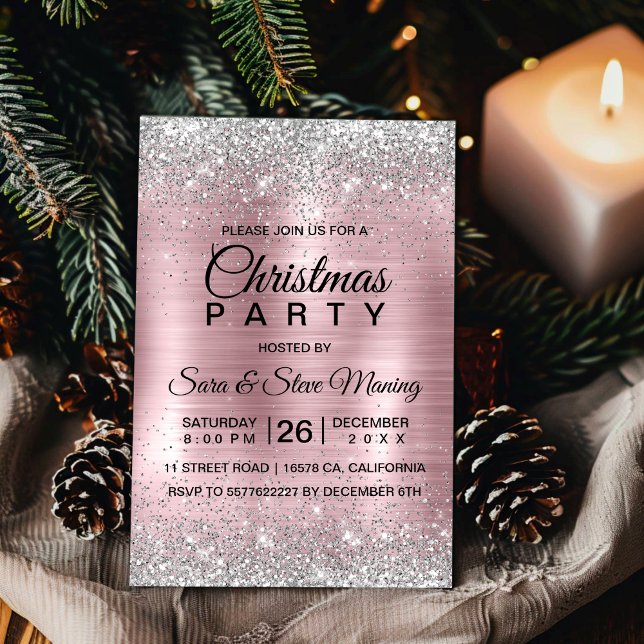 Cute rose blush silver faux glitter Christmas  Invitation (Creator Uploaded)