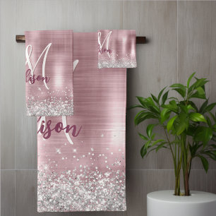 Cute rose blush silver faux glitter monogram bath towel set