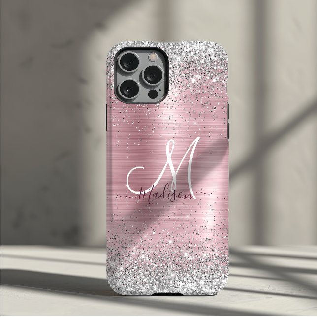 Cute rose blush silver faux glitter monogram Case-Mate iPhone case (Creator Uploaded)