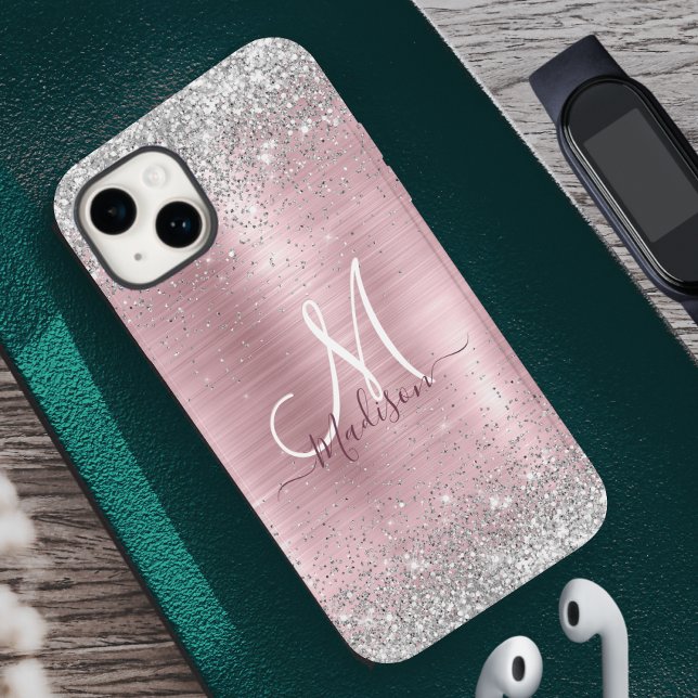 Cute rose blush silver faux glitter monogram iPhone case (Creator Uploaded)