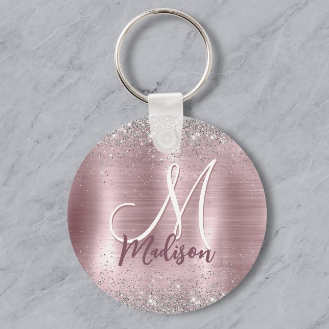 Cute rose blush silver faux glitter monogram key ring (Creator Uploaded)