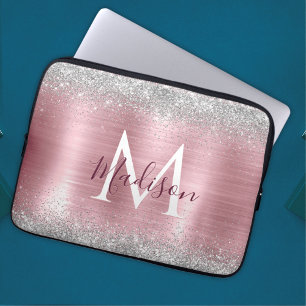 Cute rose blush silver faux glitter monogram laptop sleeve