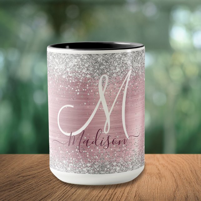 Cute rose blush silver faux glitter monogram mug (Creator Uploaded)