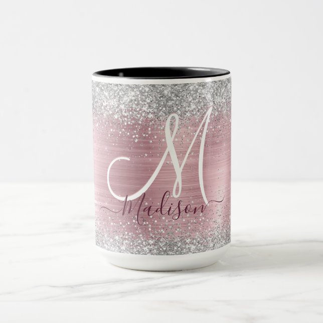 Cute rose blush silver faux glitter monogram mug (Center)