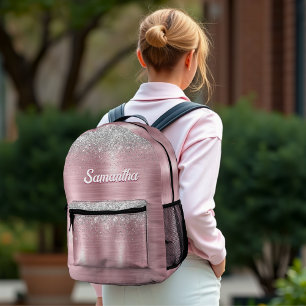 Cute rose blush silver faux glitter monogram printed backpack