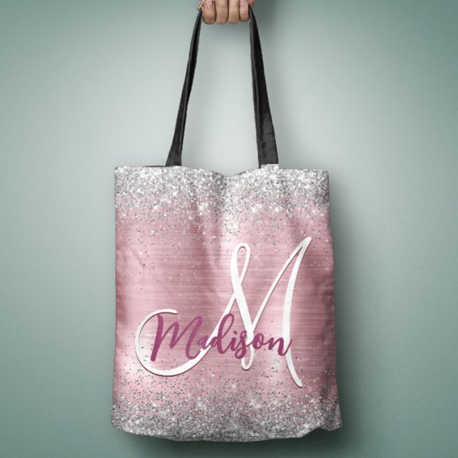 Cute rose blush silver faux glitter monogram tote bag (Creator Uploaded)