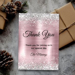 Cute rose blush silver faux glitter thank you  card