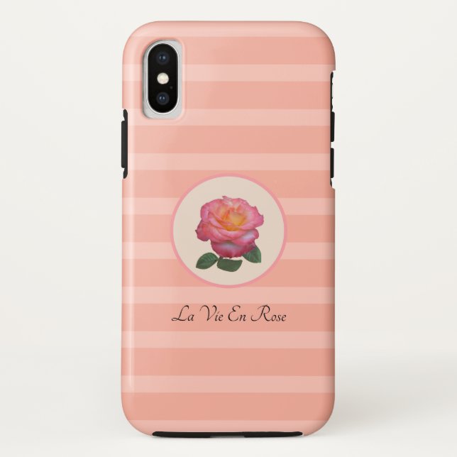 Cute Rose Flower on Coral Pink Striped Case-Mate iPhone Case (Back)