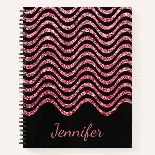 Cute Rose Gold Black Glitter Chevron Personalised Notebook (Front)